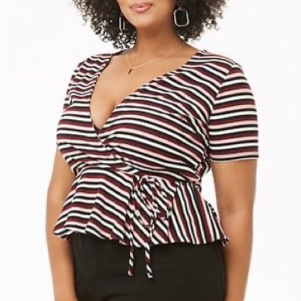 Forever 21 Striped Wrap Blouse - Black, White, and Red